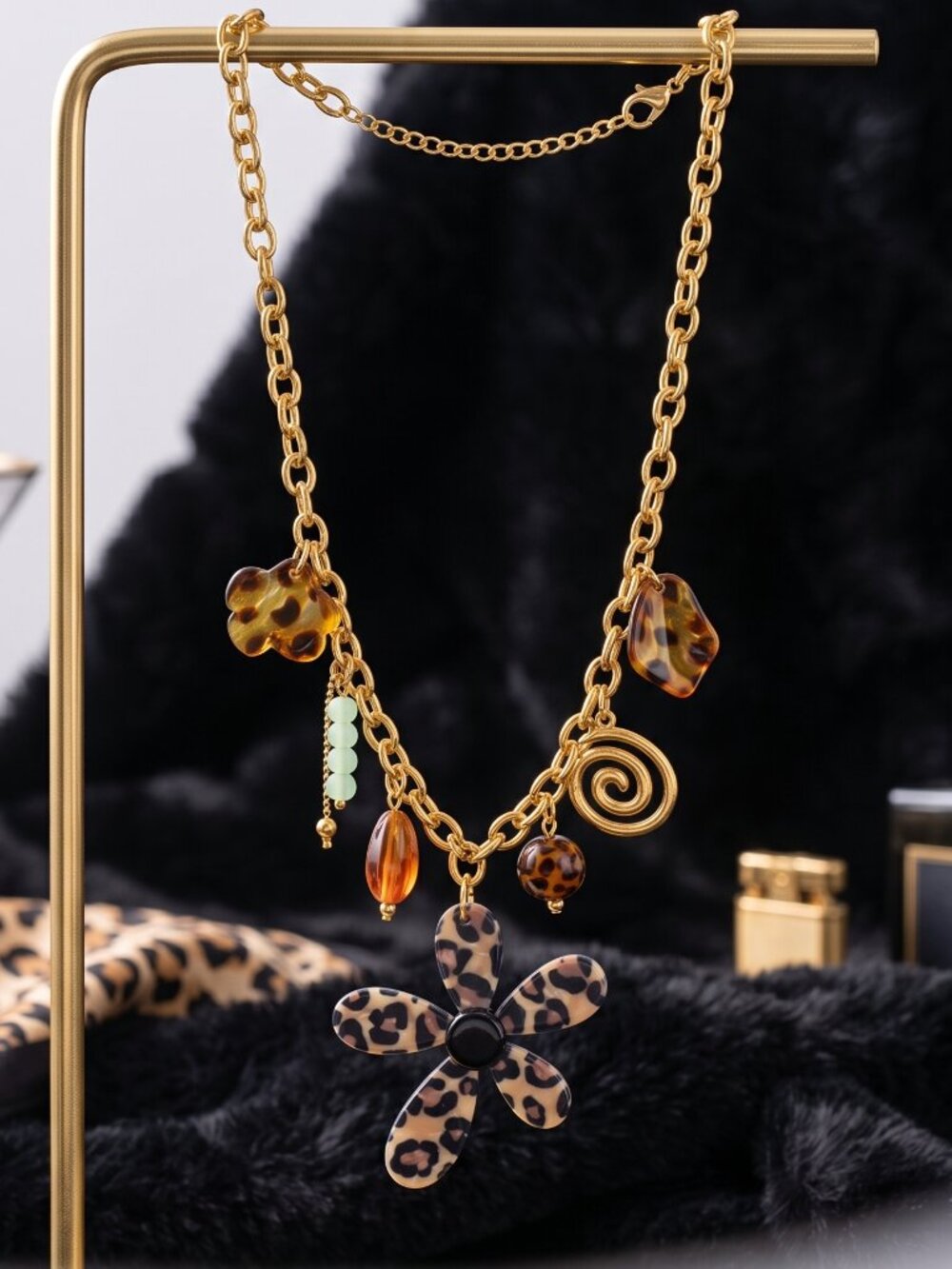 Leopard Print Flower Charm Necklace Mob Wife Maximalist 18K Gold Plated 19" - Picture 12 of 14